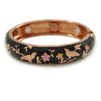 Schwarz Emaille Vogel und Blume Kupfer Magnet Klapp Armreif Armband mit sechs
