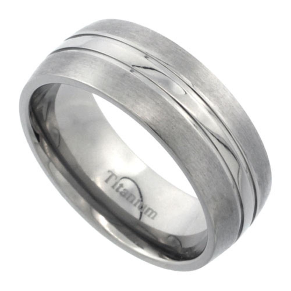 8mm Titanium Domed Wedding Band Ring w/ Polished Stripe Center, Brushed Edges-image