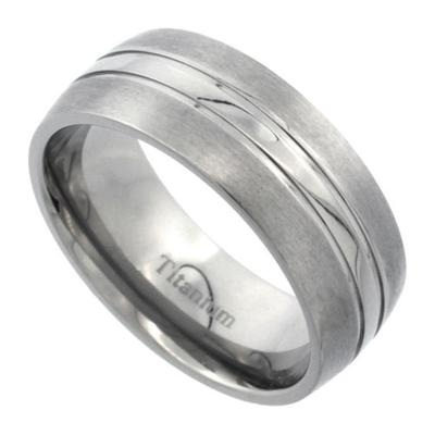 8mm Titanium Domed Wedding Band Ring w/ Polished Stripe Center, Brushed Edges