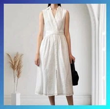 NWTZARA245 SLEEVELESS LAPEL COLLAR V-NECK OPENWORK EMBROIDERED DRESS