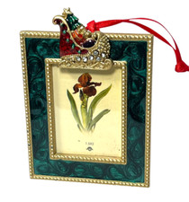Vintage Enamel Crystal 1.5 x 2 in Christmas Sleigh Metal Frame Ornament
