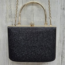 Sparkly Evening Handbag With Rhinestone Clasp With Handel And Chain Navy Black