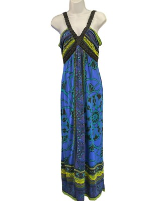 Hale Bob Women's Blue Green Bohemian Floral Maxi Dress Braided Straps Small