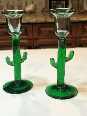 2 Blown Glass Green Cactus Candle Holder Ebay