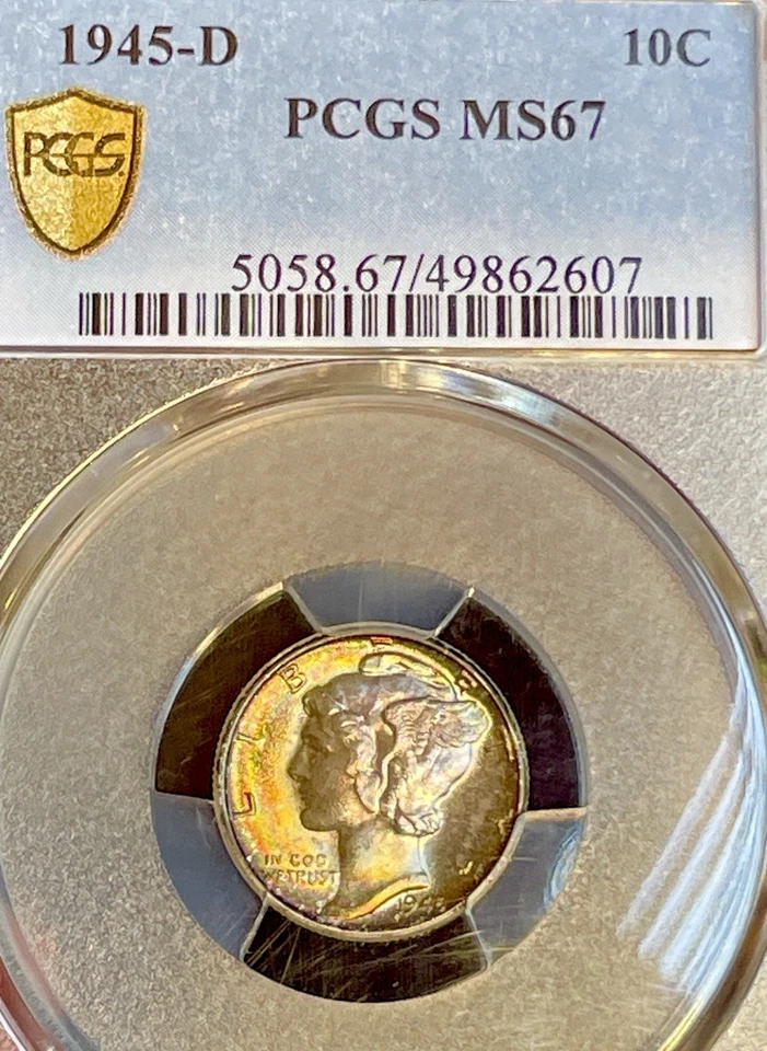 Moneda de diez centavos Mercury 1945-D 10c MS67 color seguro PCGS Foto 3 de 4