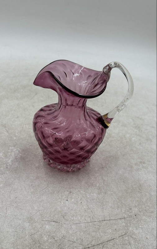 Cranberry Clear Glass Handled Glossy Finish Round Shaped Serving Pitcher