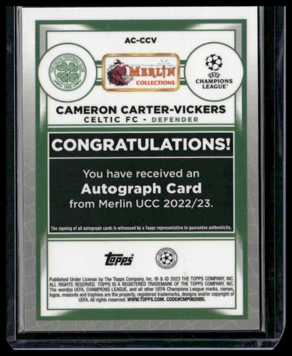 Cameron Carter-Vickers 2022-23 Merlín Cromo UEFA Azul Refractor Automático #/75 - Imagen 2 de 2