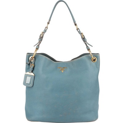 Prada Blue Vitello Daino Leather Hobo Shoulder Bag Tasche