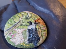 Hand Painted Resin Coated Border Collie, lamb  and landscape Pebble Rock Ooak
