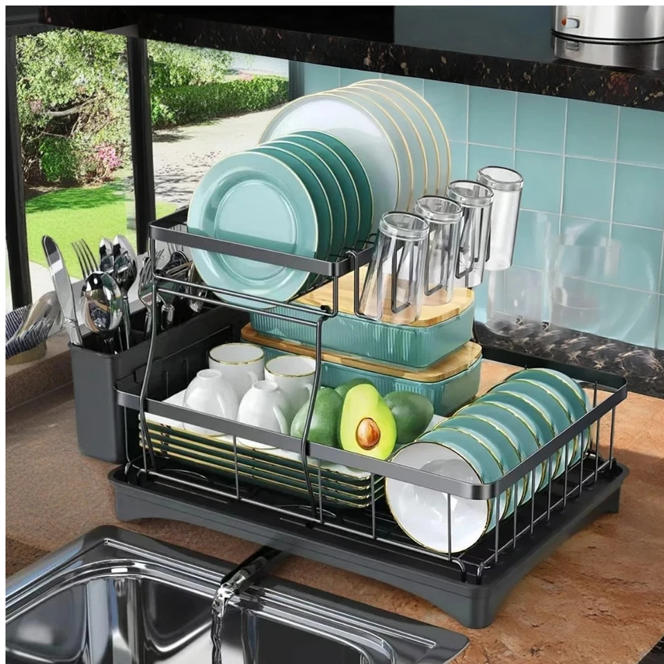 2 Tier Stainless Steel Dish Drying Drainer Adjustable Organizer Storage Rack. - Image 2 of 4