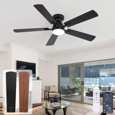 52 Inch Ceiling Fan with Lights, Black Modern Low Profile Flush Mount Fan, Ap...