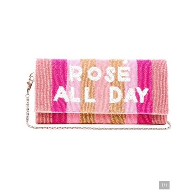 America & Beyond Beaded 'Rosé All Day' Clutch Chain Purse Wine Pink Stripe NWT