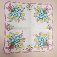 Vintage Ladies Hankerchief Blue Tulips Yellow Daffodils Pink Accents