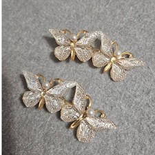 Acryllic Butterfly Gold-Tone Mixed Metal Hair Clips with Faux Pearl Accents