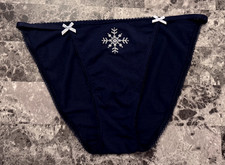 VICTORIA'S SECRET NAVY BLUE EMBROIDERED SNOWFLAKE PICOT STRING BIKINI PANTIES