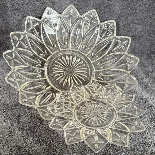 Vintage FEDERAL GLASS Clear Petal Pattern 10" Serving Bowl & 6.5” Plate