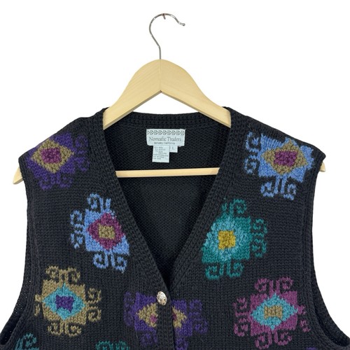 Vintage Nomadic Traders Large Black Wool Sweater Vest Cardigan Womens READ - Picture 7 of 12