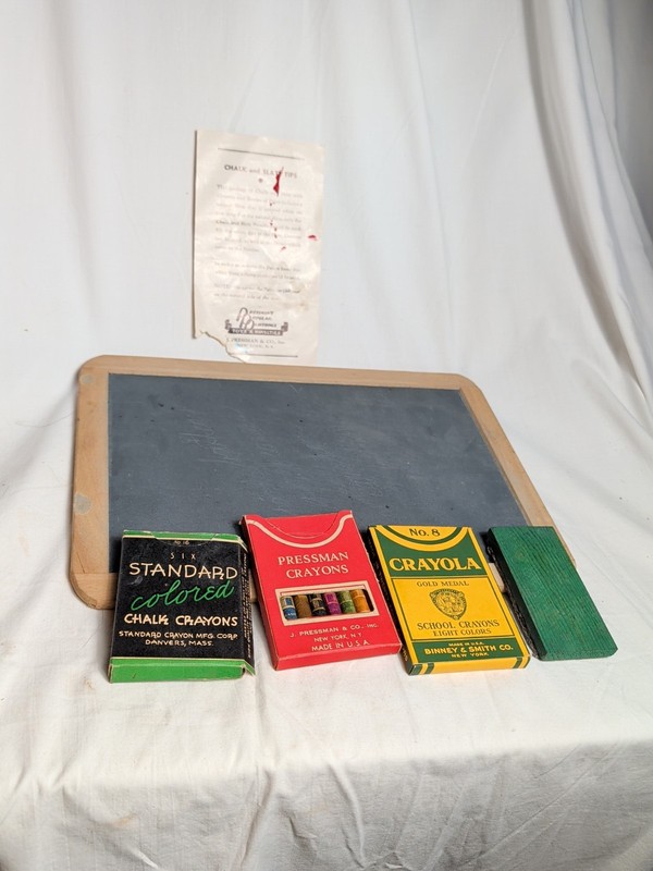 Vtg School House Pupil Student Wood Frame Chalk Board Real Slate Crayons Chalk