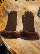 Marshall Fields Fur Lined Leather suede Gloves Brown Womens Small Vintage