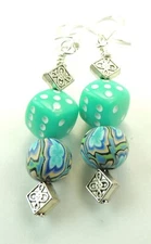 Polymer Clay Turquoise  Dangle Earrings  & Acrylic Dice Beads  Handmade