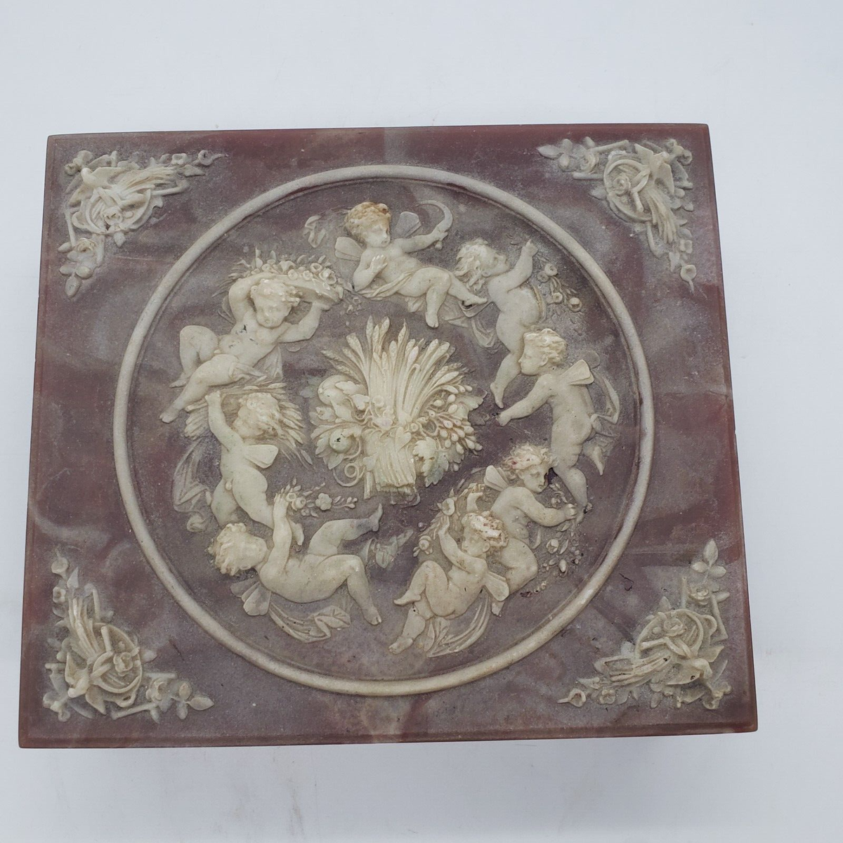 Vintage Incolay Stone Composite Jewelry Box With Tray Cherub