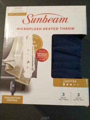 Sunbeam Microplush Electric Heated Throw Blanket Navy Blue