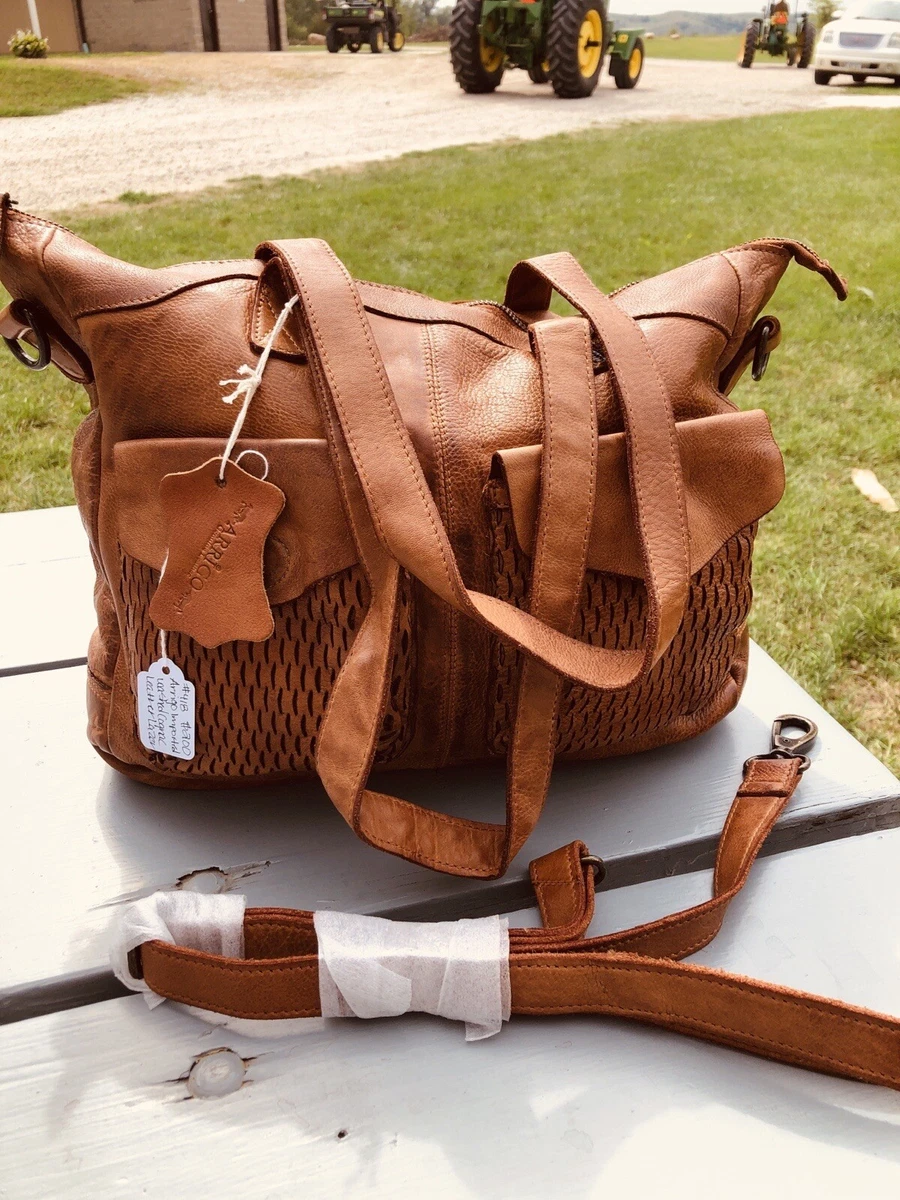 Arrigo Imported Luxury Handwashed Weaved Leather Cognac Convert. Shoulder Tote