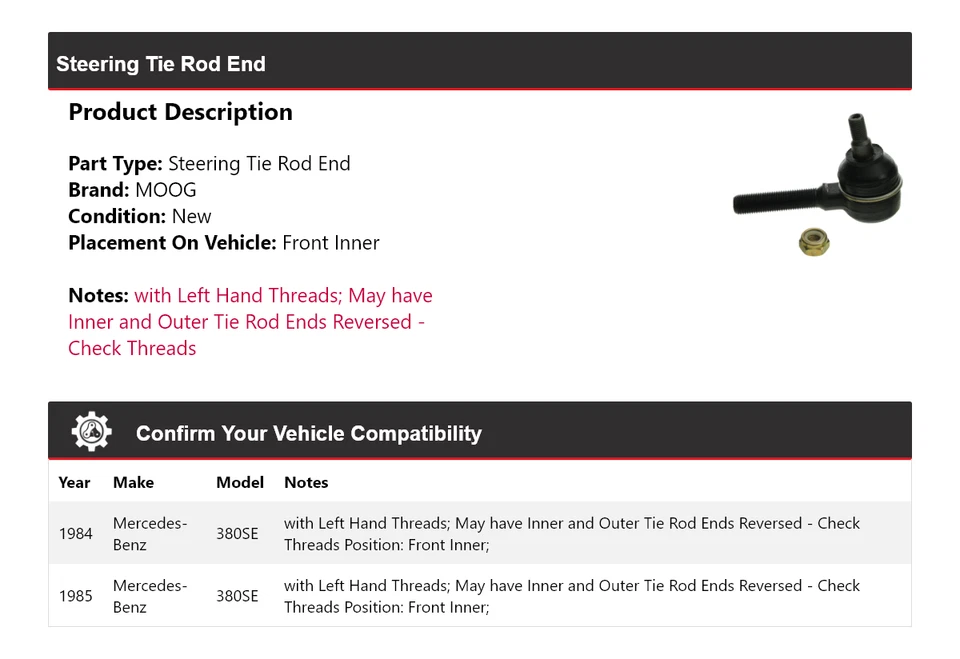 Para Mercedes-Benz 380SE 1984-1985 extremo de barra de dirección interior delantero MOOG Foto 2 de 4