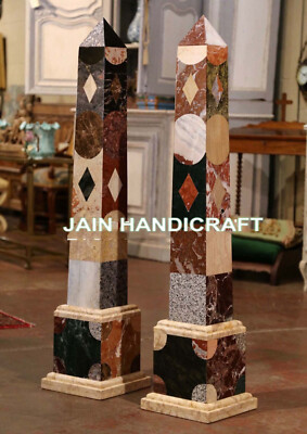 24'' two black Marble Obelisk Pietra Dura stone Inlay home decor room office Art