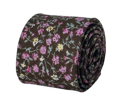 Frederick Thomas Designer - Brown mit Rosa Blumen Herren Classic Breite Krawatte