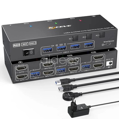 4K KVM Switch 3 Computers 2 Monitors HDMI USB 3.0 Support Extended Display NEW