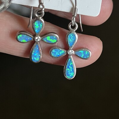 ATASAY KUYUMCULUK Sterling Blue Fire opal CROSS EARRINGS Vintage SIGNED