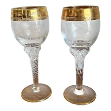 VINTAGE HAND DECORATED SET OF 2 INTERGLASS ITALY CRYSTAL WINE GLASSES GOLD RIM
