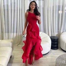 Elegant Red Ruffles Jersey Evening Dress Scoop Sleeveless High Low Sexy Open