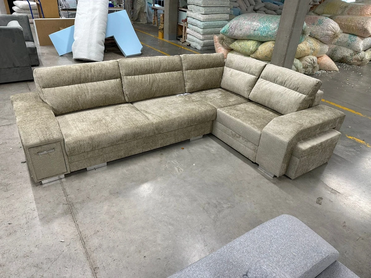 Corner Sofa Bed Fabric Sleeping Function Puff Right Storage Container Beige