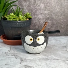 Japanese 5" Oriental Owl Black Ceramic Ramen Noodle Rice Bowl gift of 3