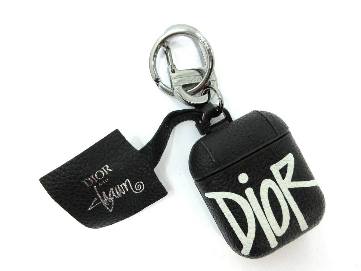 Auth Mint Dior Air Pods Case Stussy Collaboration Black Leather Box 103542  B