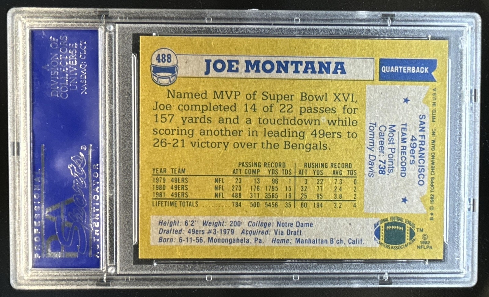 1982 Topps Joe Montana #488 49ers PSA 9 view 2