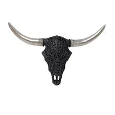 Tribal Bull Skull Wall Art – Black Faux Taxidermy with Horns