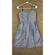 American Eagle Lyocell Chambray Quilted Mini Dress Blue Size 0 Pockets Smocked