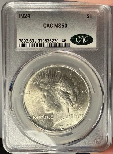 1924 $1 CACG MS 63 CAC Peace Silver Dollar