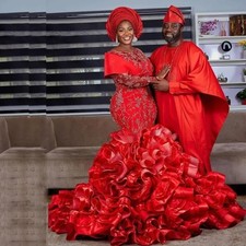 Red Mermaid Wedding Dresses With Ruffles Long Sleeves Applique Bead Bridal Gowns