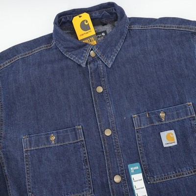 NEW Carhartt Relaxed Fit Fleece Lined Denim Snap Front Jacket Shirt Mens Large