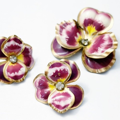 Vintage Pansy Flower Brooch and Screw Back Earring Set