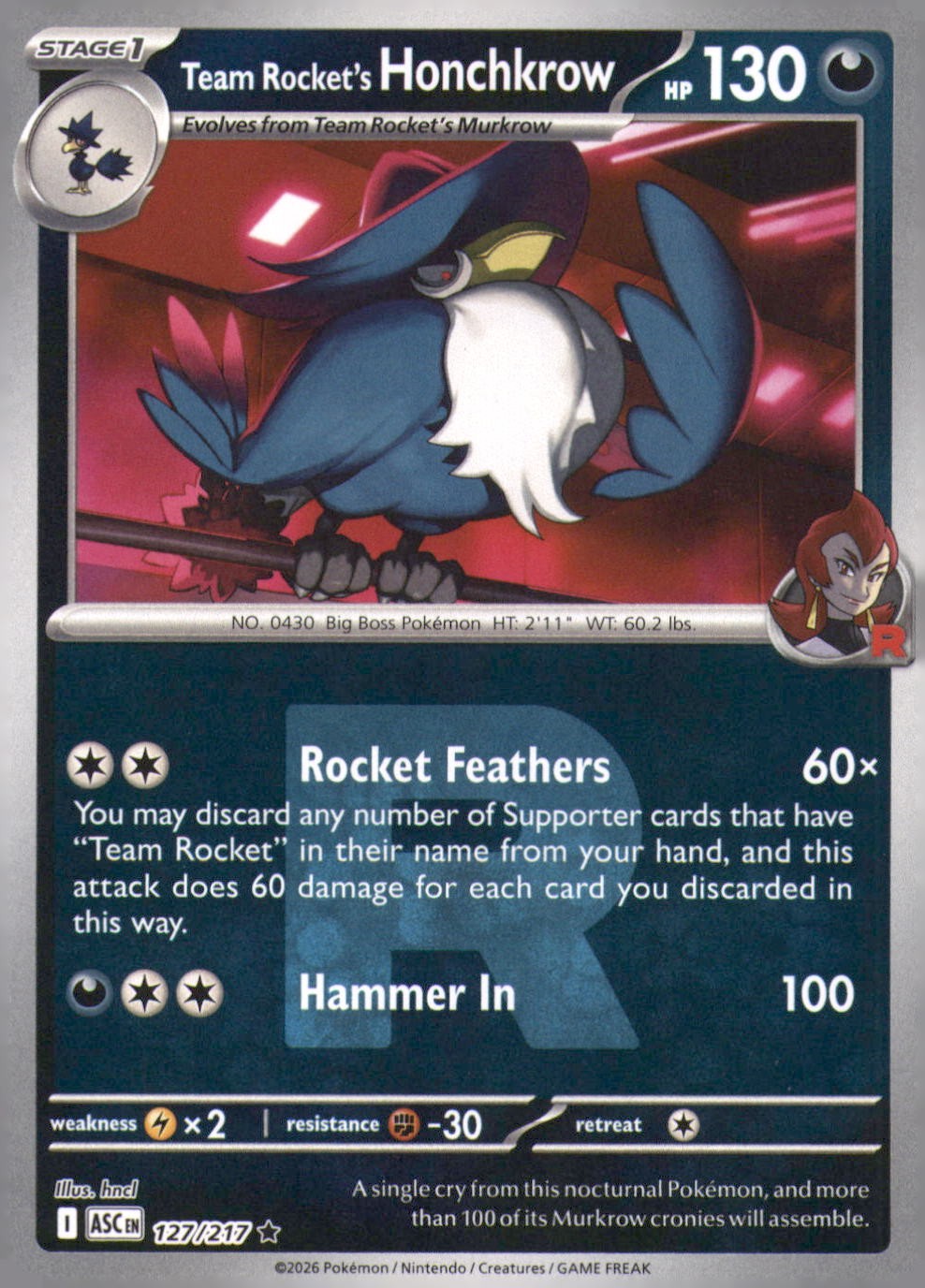 TEAM ROCKET'S HONCHKROW 127/217 ASCENDED HEROES POKEMON REVERSE HOLO NM/M