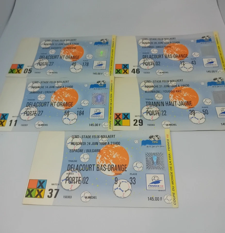 Lot 5 Tickets/Billets Football Coupe du Monde FIFA France 1998 - Photo 1/4