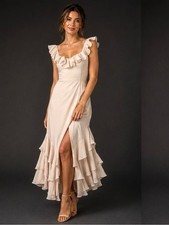 Birdy Grey XS Ginny Chiffon Almond Ruffle V-Neck Maxi Dress bridesmaid formal