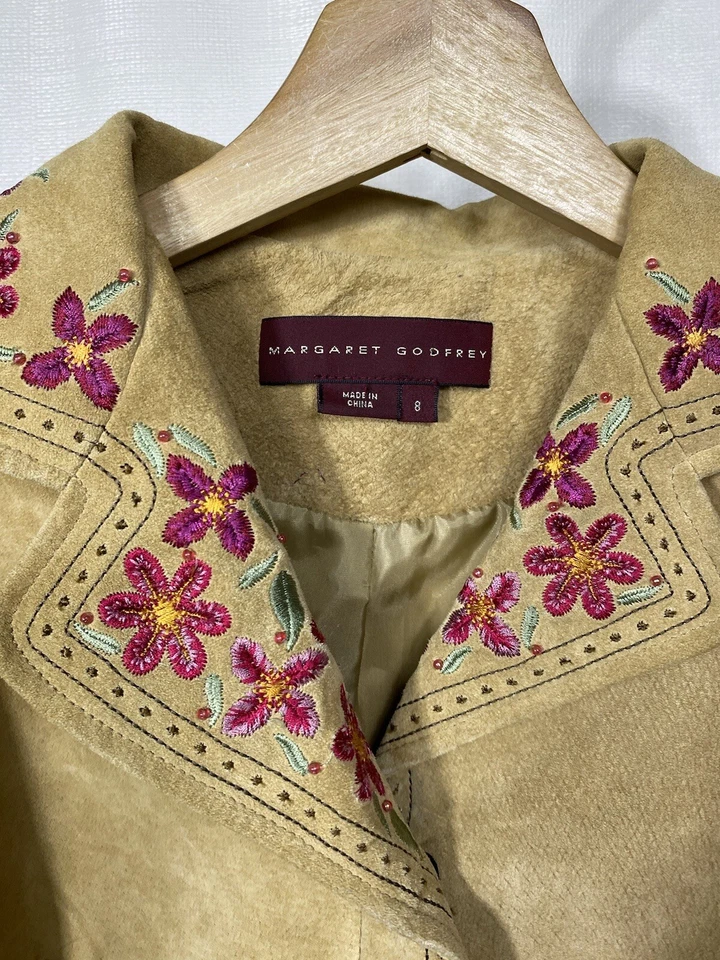 Женская замшевая кожаная куртка Margaret Godfrey размер 8 богемное вестерн с цветочной вышивкой - Изображение 3 из 4