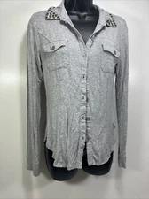 Xhilaration Button Down Gray Beaded Accent Over Shirt Long Sleeve Size Small S