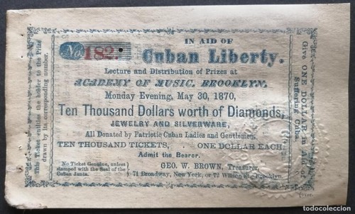 1870 JUNTA CENTRAL REPUBLICANA PUERTO RICO, NEW YORK LOTERIA/LOTTERY TICKET!!